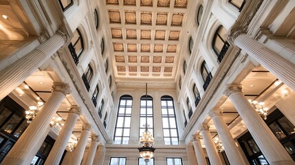 Aufkleber - Elegant architectural interior view capturing luxurious design with ornate ceiling and tall windows : Generative AI