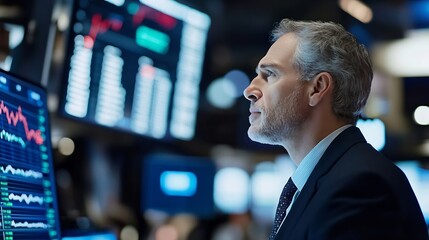 Poster - Serious businessman analyzing stock market data with screens in the background : Generative AI