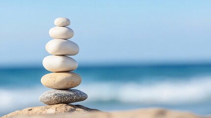 Leinwandbilder - Balanced Stones Stacked Neatly on Sandy Beach Symbolizing Calmness and Stability : Generative AI