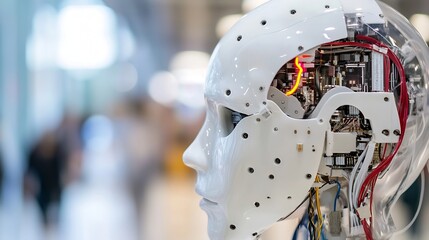 Leinwandbilder - Advanced robotic head showcasing intricate circuits and wiring in a modern technological setting : Generative AI