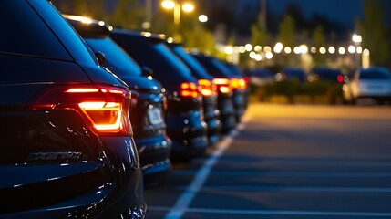 Poster - Nighttime Urban Scene of Cars Parked with Illuminated Taillights Creating a Bokeh Effect in the Background : Generative AI