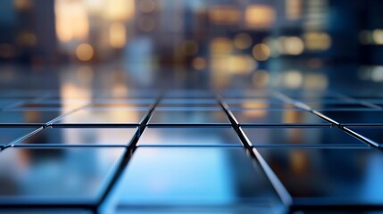 Leinwandbilder - Stunning closeup view of a reflective grid surface against a blurred city background at sunset : Generative AI