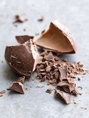 Aufkleber - Close up of broken chocolate egg surrounded by chunks on a textured gray surface : Generative AI