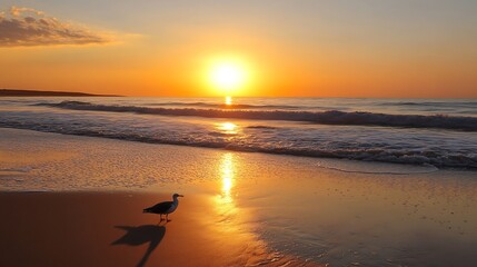 Aufkleber - Stunning sunset over the ocean with lone seagull standing on wet sandy beach : Generative AI