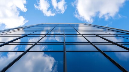 Aufkleber - Modern glass building reflecting clouds and blue sky from a unique lowangle perspective : Generative AI