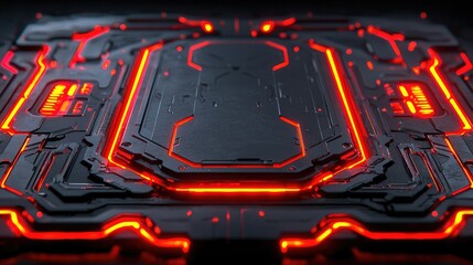 Futuristic tech panel, glowing red, dark background, sci-fi concept