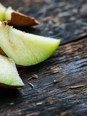 Poster - Fresh green apple slices placed on rustic wooden surface showcasing healthy eating lifestyle : Generative AI