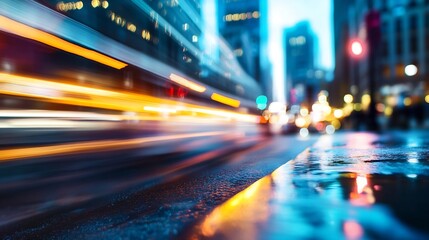 Poster - Dynamic cityscape with vibrant light trails showcasing the hustle of urban life at dusk : Generative AI