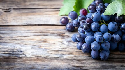 Poster - Freshly harvested grapes on rustic wooden table with natural sunlight and lush green leaves : Generative AI