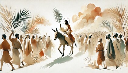 Fototapete - Biblical scene of Jesus riding into Jerusalem during Easter Week.
