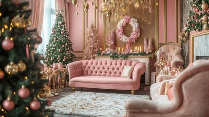 Wall Mural - Decorating the festive hall in pink and golden shades