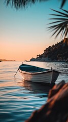 Poster - Calm waters reflect a tranquil sunset with a small rowboat anchored near a coastal landscape. Generative AI