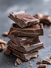 Aufkleber - Delicious dark chocolate pieces stacked on a dark surface perfect for dessert lovers and food photography : Generative AI