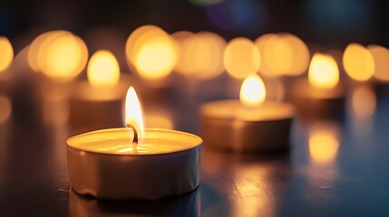 Aufkleber - Beautiful close up of a single candle burning among a soft glow of multiple candles in a serene setting : Generative AI