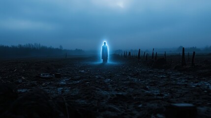 Wall Mural - a solitary figure draped in dark clothing stands in a barren field during twilight. the outline glow