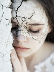 Aufkleber - Close up of a young woman's face with cracked skin representing emotional distress and internal struggles : Generative AI