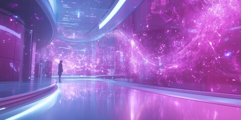 Wall Mural - a futuristic scene with a person standing in a vibrant pink lit environment. the walls are filled wi