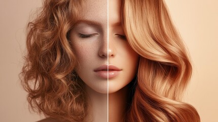 Poster - Transformation of style with contrasting hairstyles captured in a beauty studio setting. Generative AI