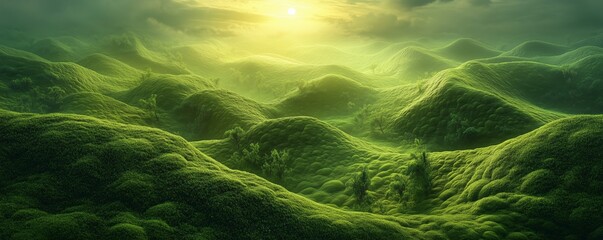 Surreal landscape made entirely of moss, with rolling hills, moss covered trees.