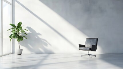 Poster - Contemporary interior design featuring a modern chair and a potted plant in a bright minimalist space with shadows : Generative AI