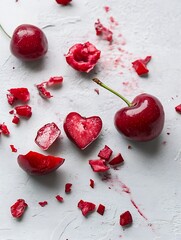 Poster - Freshly picked cherries arranged artistically on a textured surface with vibrant red color details : Generative AI