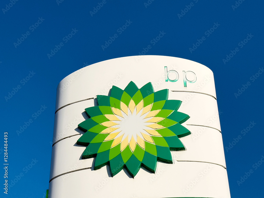BP logo prominently displayed on a fuel station sign against a clear ...