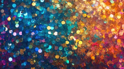 Vibrant multicolored glitter with blue and gold bokeh light effects