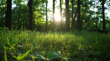 Fototapete - Sunlight Filtering Through Tree Canopy Over Lush Green Grass in Peaceful Forest : Generative AI