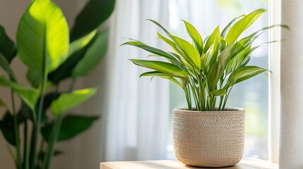 Leinwandbilder - Green indoor plant in a woven pot placed beside a window with soft light shining through : Generative AI