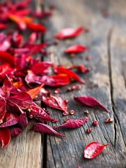 Leinwandbilder - Vibrant red leaves scattered on rustic wooden surface showcasing fall colors and textures : Generative AI