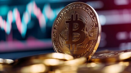 Aufkleber - Shiny gold bitcoin cryptocurrency coin on a background of market trend graphs and financial data : Generative AI