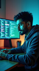 a young south asian man in a hoodie focused on coding at a desk with a computer screen glowing in bl