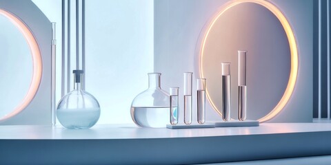 Wall Mural - A modern laboratory scene showcasing various glass containers. The design features minimalistic elements and soft lighting. Perfect for science, cosmetics, or technology concepts. AI