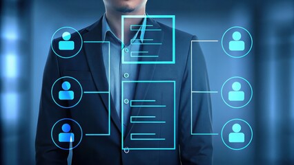 Wall Mural - HR recruitment concept Digital network visualization with a business professional and user icons, representing connections and data flow.