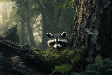 Wall Mural - A charming photograph of a curious raccoon peering out from behind a tree trunk in a lush forest.