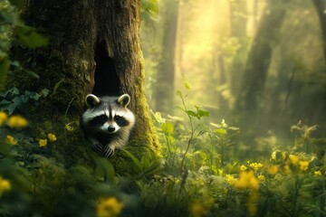 Wall Mural - A charming photograph of a curious raccoon peering out from behind a tree trunk in a lush forest.