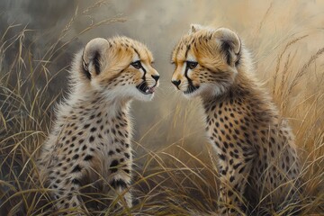 Wall Mural - A charming image of a young cheetah cub playfully interacting with its siblings in the tall grass of the African savannah.
