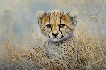Wall Mural - A charming image of a young cheetah cub playfully interacting with its siblings in the tall grass of the African savannah.