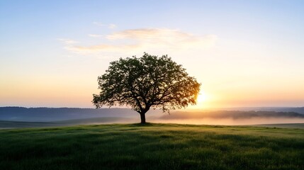 Aufkleber - Breathtaking sunrise over a lone tree standing gracefully in a serene green field : Generative AI
