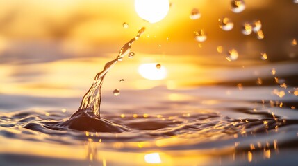Aufkleber - Closeup image of water droplets splashing against the backdrop of a glowing setting sun over water : Generative AI