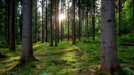 Aufkleber - Serene Pine Tree Forest Bathed in Soft Sunlight Creating a Peaceful Atmosphere in Nature : Generative AI
