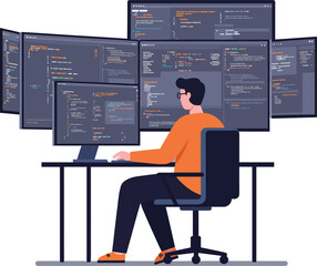 Programmer working at a desk with multiple screens in flat vector art