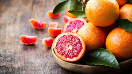 Poster - Fresh ripe blood oranges displayed on a rustic wooden table with green leaves : Generative AI