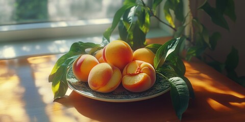 Wall Mural - A plate of ripe, juicy peaches basking in the sunlight by a window. A delightful centerpiece for any kitchen or dining area.