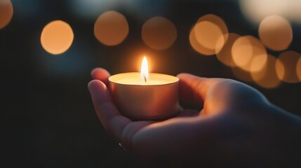 Poster - Hand holding a lit candle creating a warm atmosphere with blurred bokeh lights in the background for relaxation : Generative AI