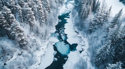 Aufkleber - Aerial View of a Frozen River Surrounded by Snowy Forest Trees : Generative AI