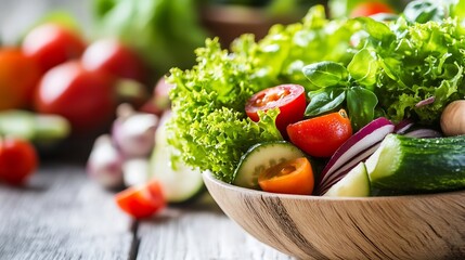 Poster - Fresh and vibrant vegetable salad presented in a wooden bowl for a healthy meal : Generative AI