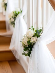 Leinwandbilder - Beautifully arranged wedding flowers on a staircase adding elegance and charm to a romantic setting : Generative AI
