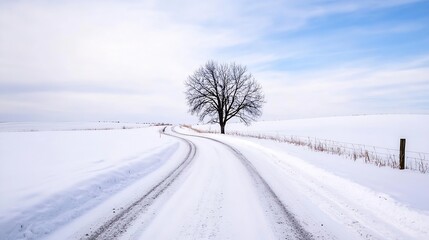Aufkleber - Lonely leafless tree stands on a snowy path under a cloudy sky creating a serene winter landscape : Generative AI