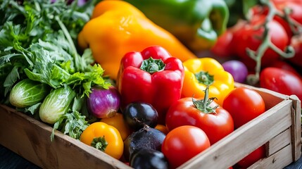 Poster - Vibrant Colorful Assorted Fresh Vegetables in a Wooden Crate on a Rustic Table Displaying Farm Fresh Produce : Generative AI